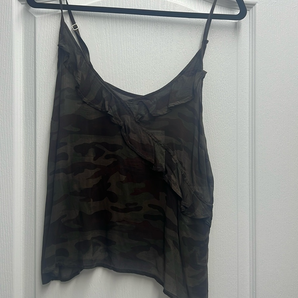 Bella Dahl Camouflage Spaghetti Strap Tank with Ruffles on Front, Size M NWT